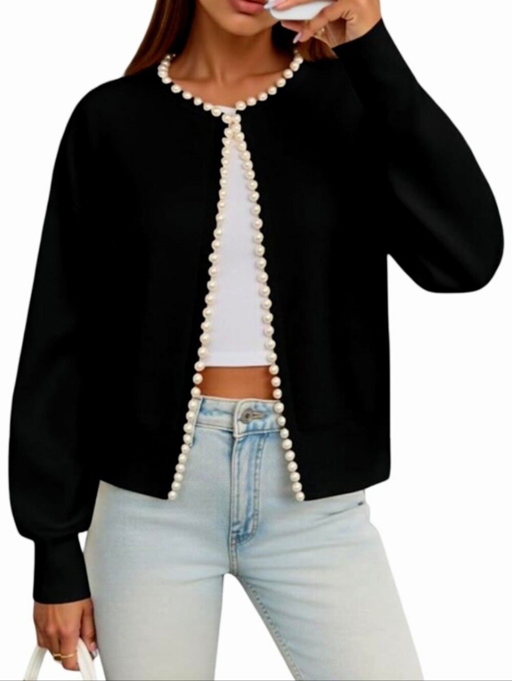 Zesica | Black Pearl Trim Open Cardigan | Classic | Shabby Chic | Coquette |